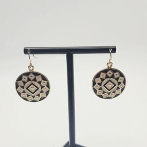Black White Enamel Geometric Round Disc Dangle Earrings Gold Tone Boho 1.5in